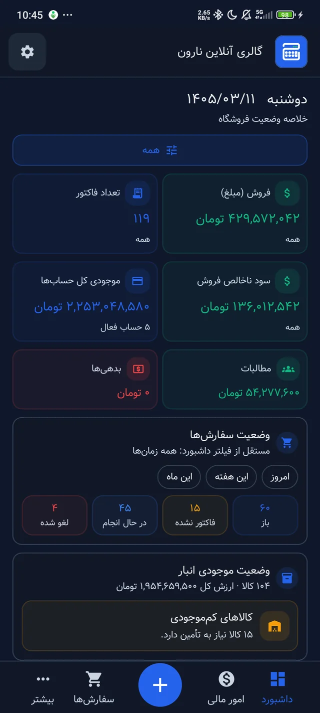 داشبورد حساب‌شاپ در تم تیره
