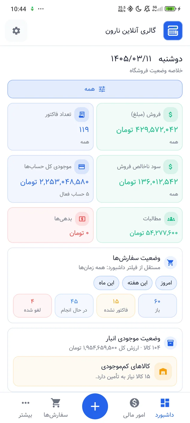 داشبورد روشن حساب‌شاپ